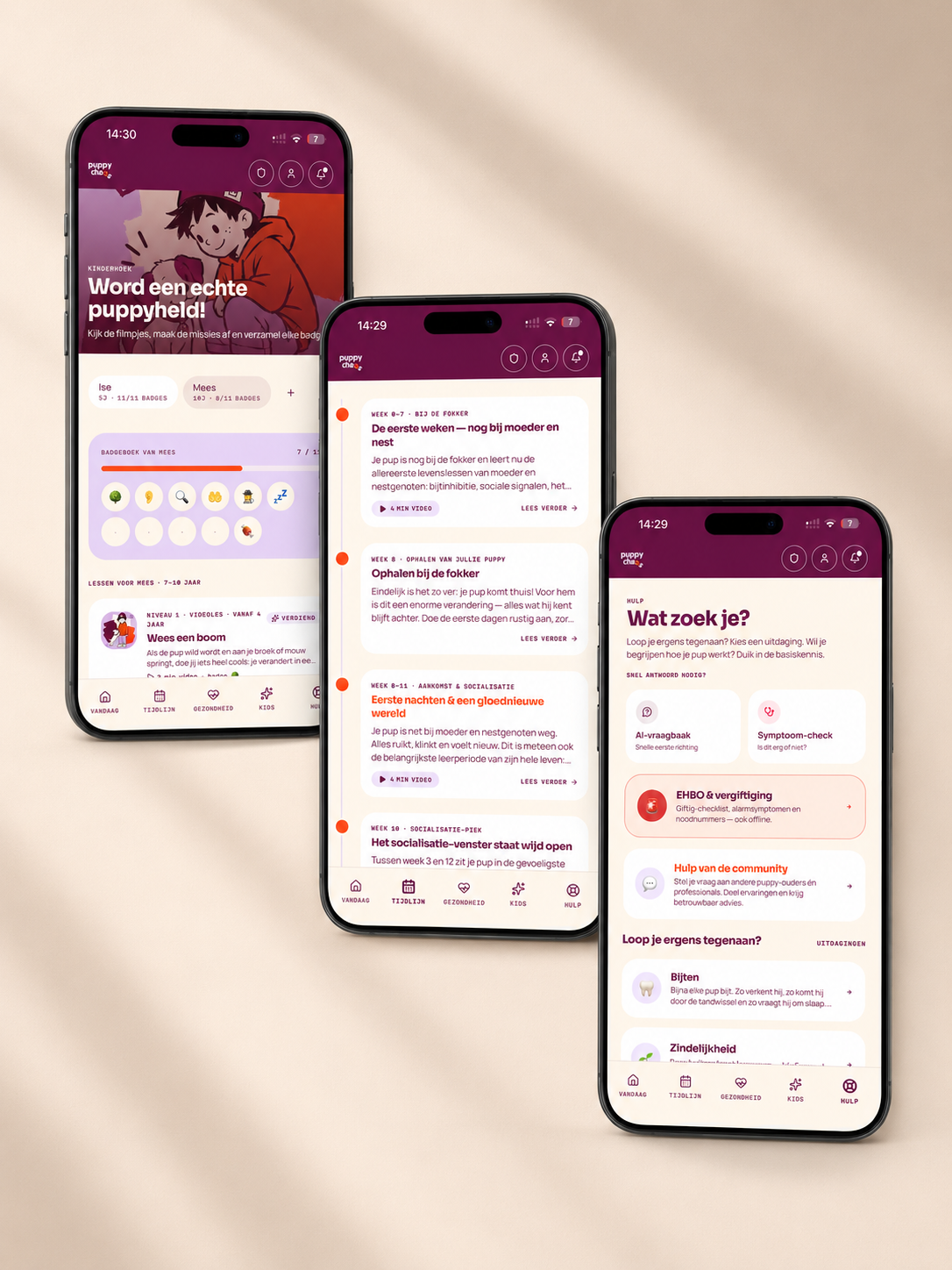 Mobiele app interface met een weekplan voor de puppy-opvoeding
