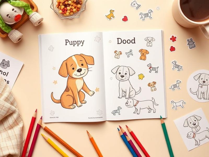 Een opengeslagen werkboek voor kinderen over puppy's, met stickers en illustraties